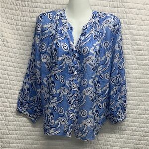 Chic Blue Patterned Women's Blouse
